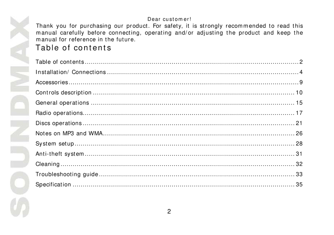 SoundMax SM-CMD2021 instruction manual Table of contents 