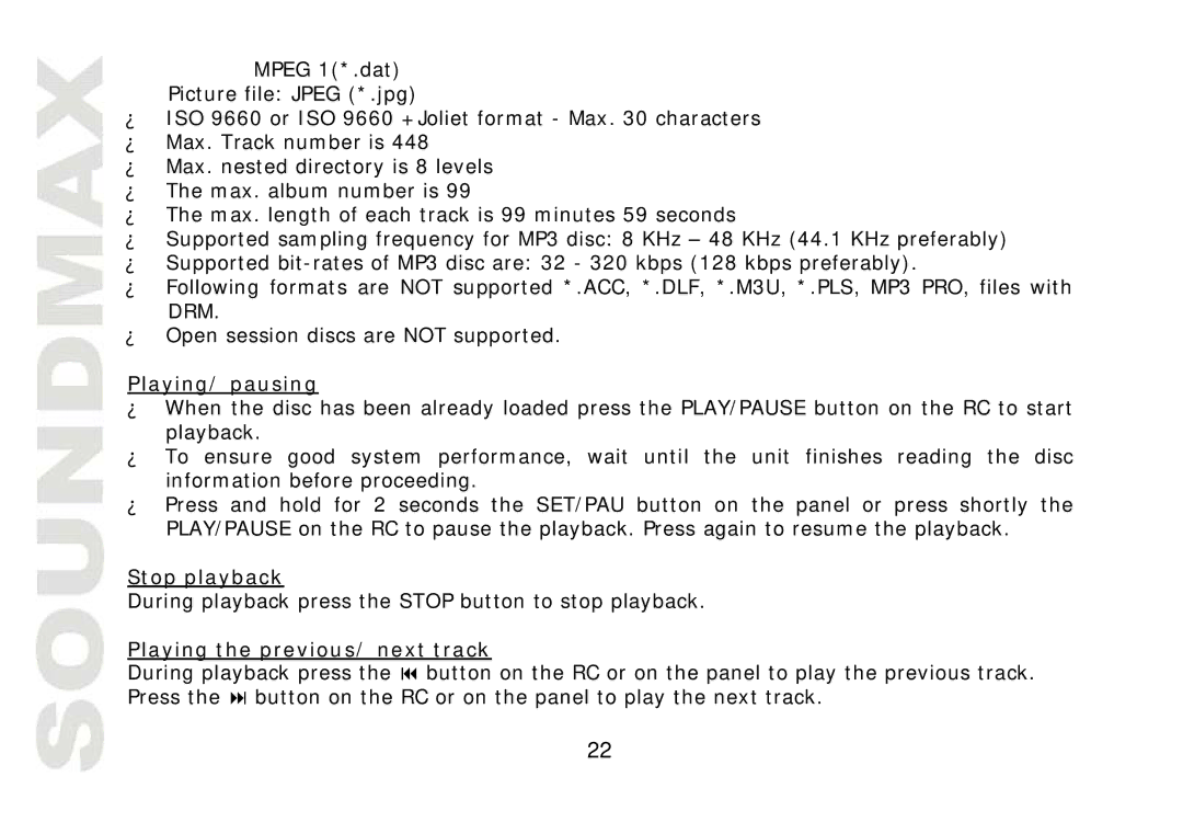 SoundMax SM-CMD2021 instruction manual Playing/ pausing, Stop playback, Playing the previous/ next track 