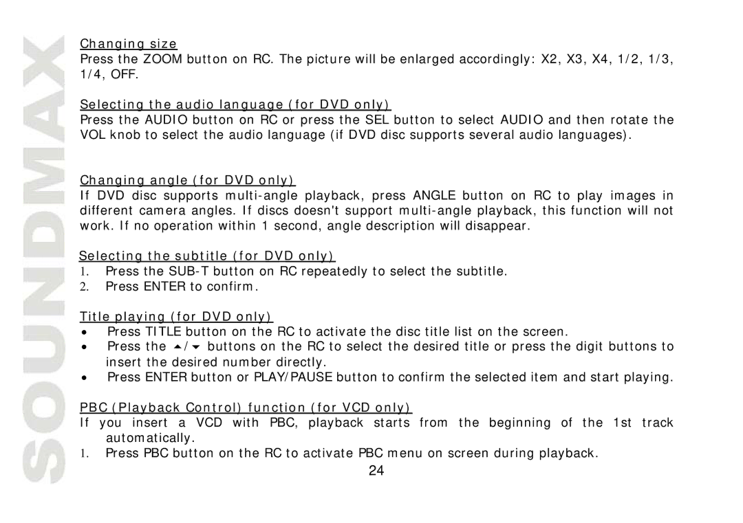 SoundMax SM-CMD2021 Changing size, Selecting the audio language for DVD only, Changing angle for DVD only 