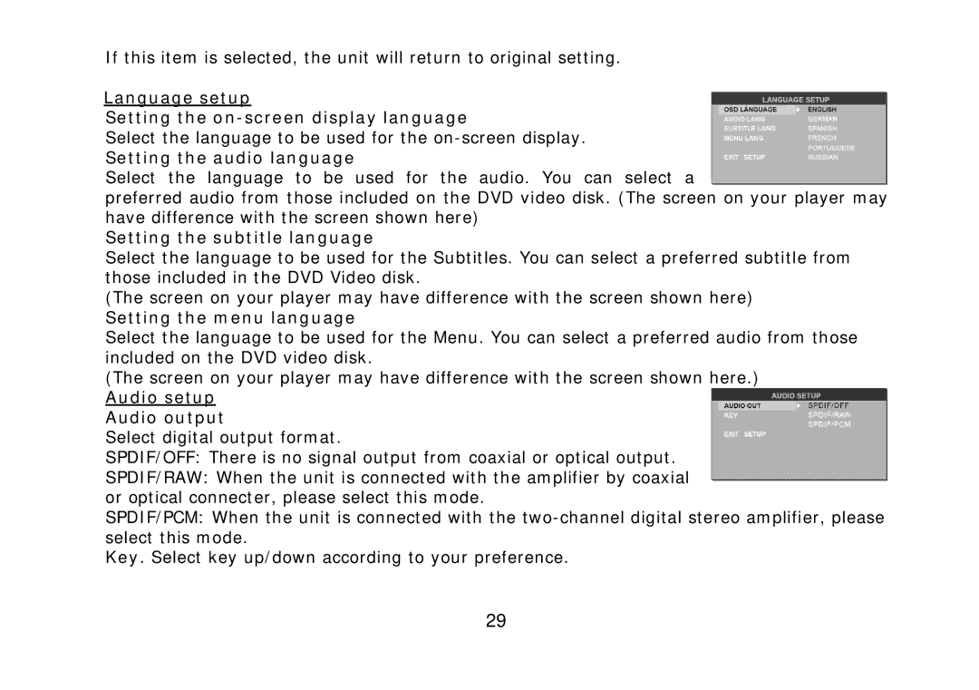 SoundMax SM-CMD2021 instruction manual Language setup Setting the on-screen display language, Setting the audio language 