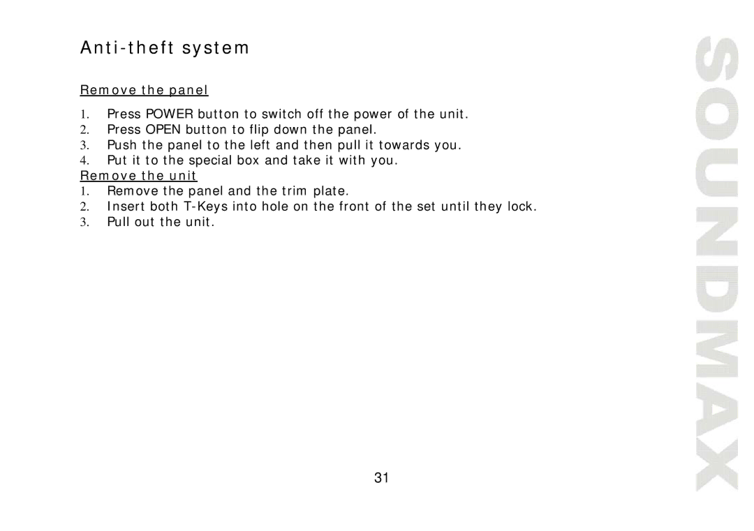 SoundMax SM-CMD2021 instruction manual Anti-theft system, Remove the panel, Remove the unit 