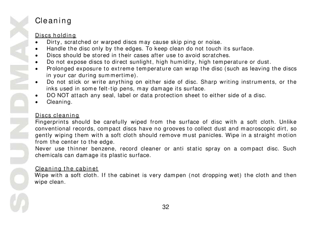 SoundMax SM-CMD2021 instruction manual Discs holding, Discs cleaning, Cleaning the cabinet 