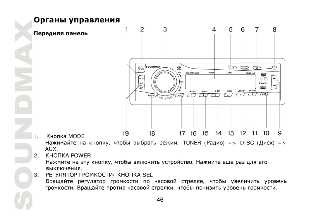 SoundMax SM-CMD2021 instruction manual Mode Tuner = Disc = AUX Power SEL 