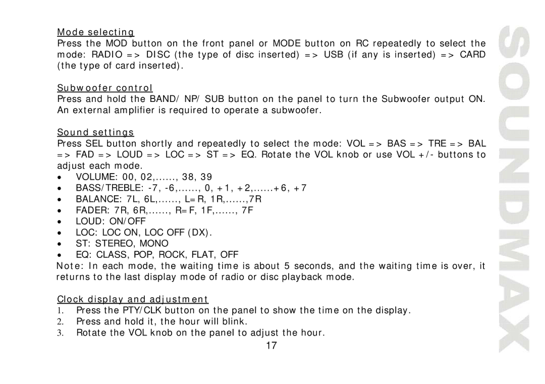 SoundMax SM-CMD2022 instruction manual Mode selecting, Subwoofer control, Sound settings, Clock display and adjustment 