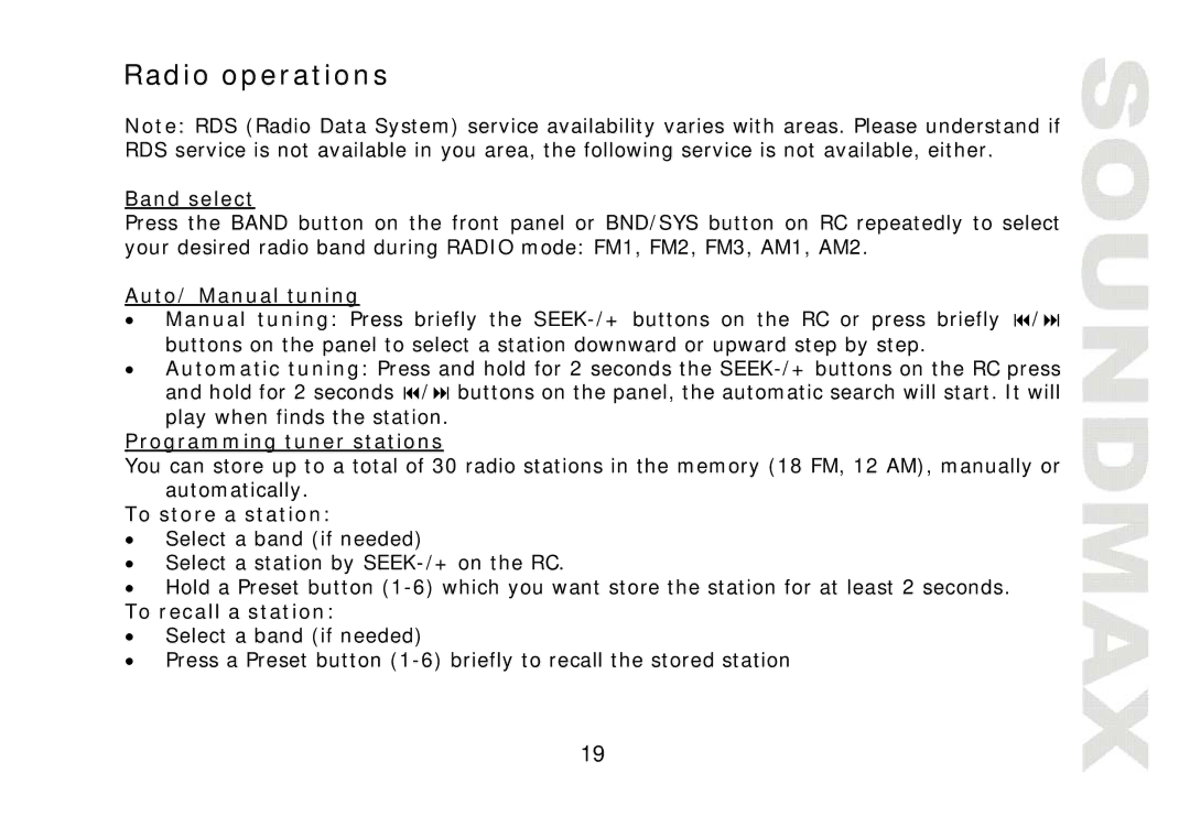 SoundMax SM-CMD2022 instruction manual Radio operations 