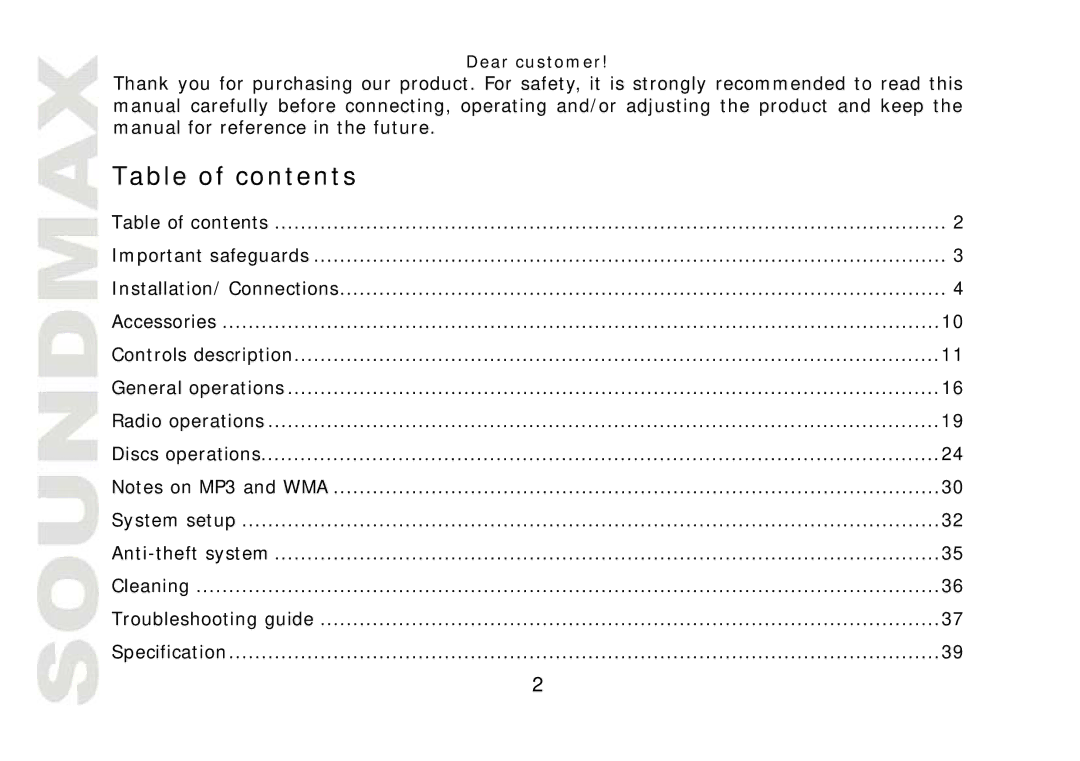 SoundMax SM-CMD2022 instruction manual Table of contents 