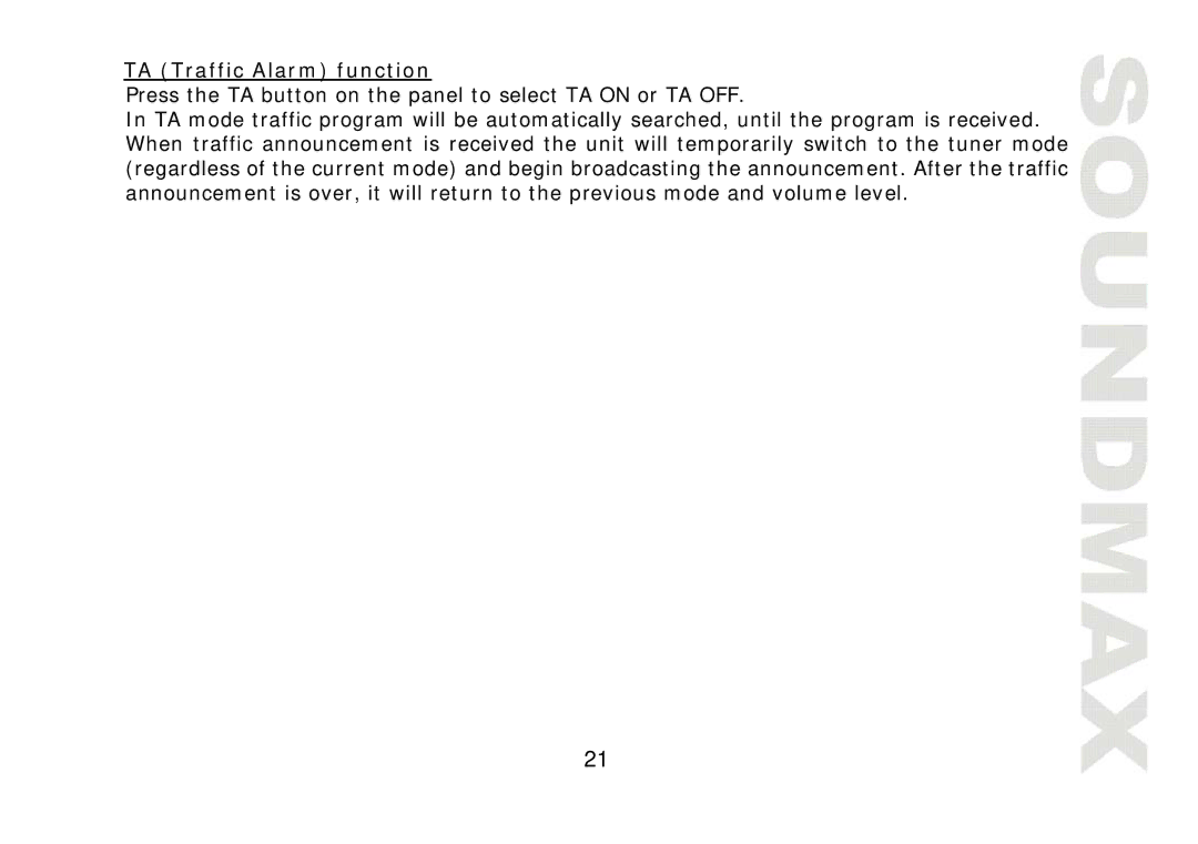 SoundMax SM-CMD2022 instruction manual TA Traffic Alarm function 