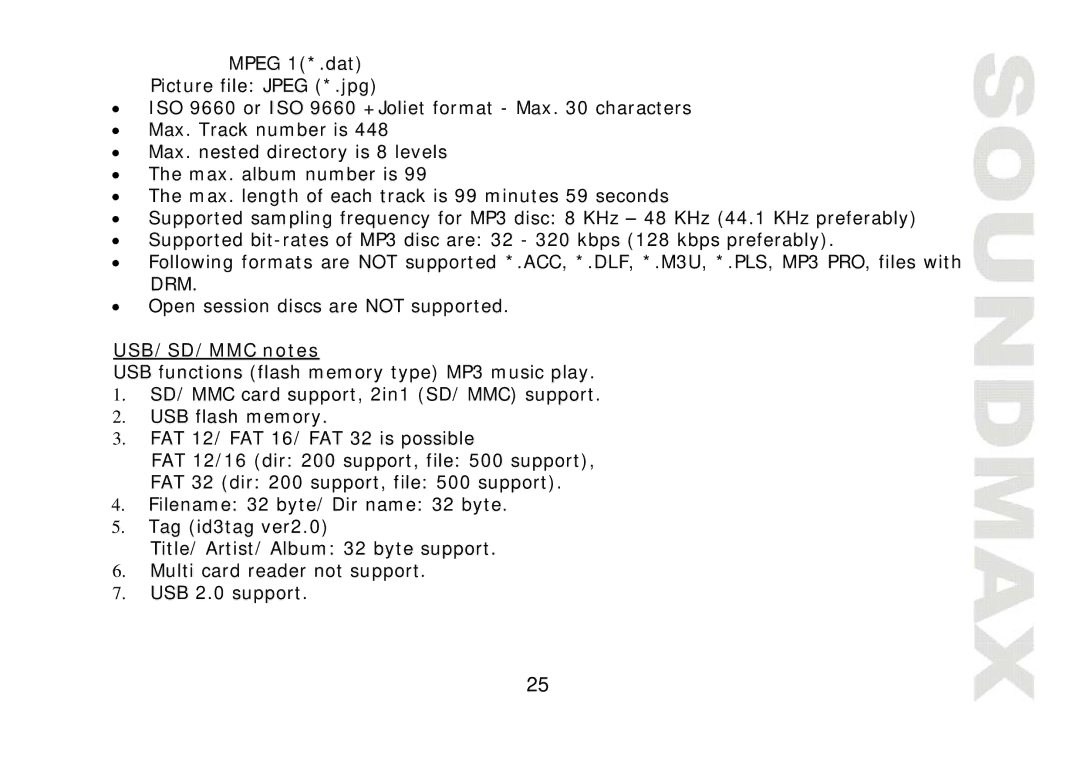 SoundMax SM-CMD2022 instruction manual USB/SD/MMC notes 