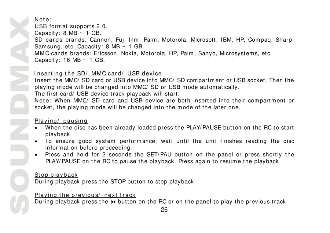 SoundMax SM-CMD2022 instruction manual Inserting the SD/ MMC card/ USB device, Playing/ pausing, Stop playback 