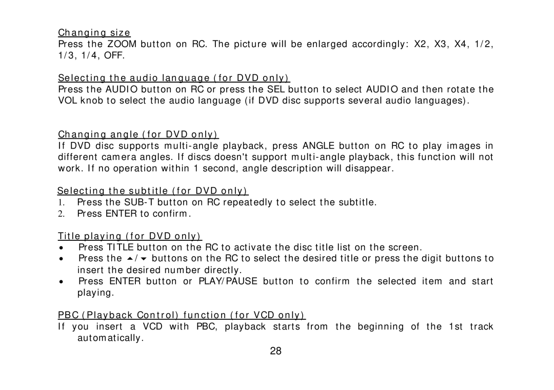 SoundMax SM-CMD2022 Changing size, Selecting the audio language for DVD only, Changing angle for DVD only 