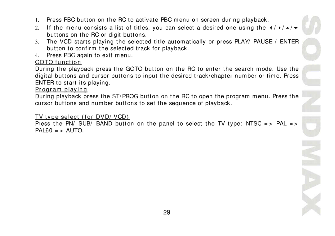 SoundMax SM-CMD2022 instruction manual Goto function, Program playing, TV type select for DVD/VCD 