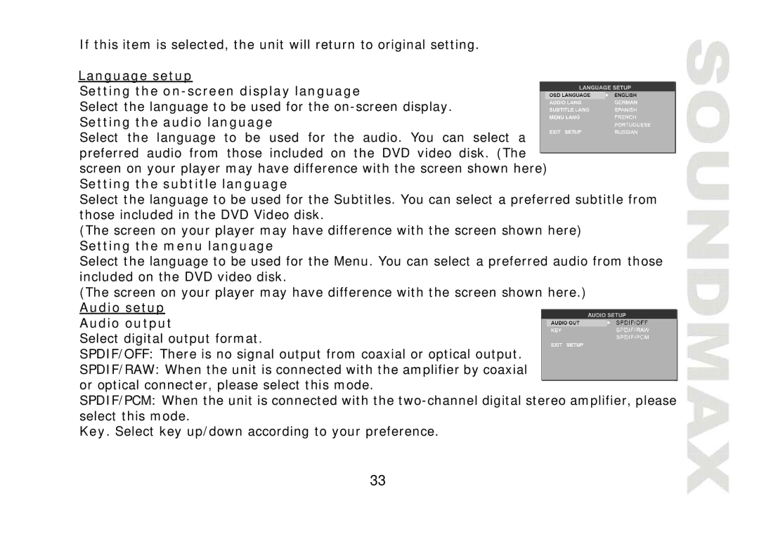 SoundMax SM-CMD2022 instruction manual Language setup Setting the on-screen display language, Setting the audio language 