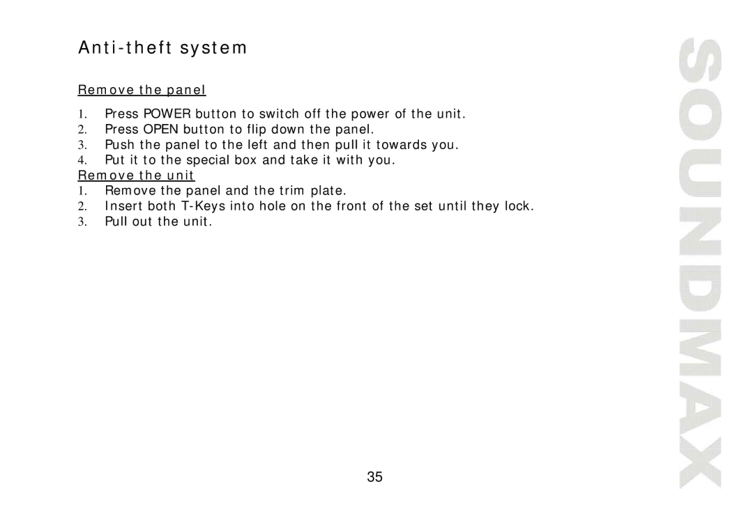 SoundMax SM-CMD2022 instruction manual Anti-theft system, Remove the panel, Remove the unit 