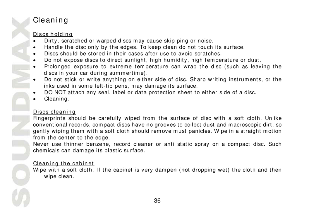 SoundMax SM-CMD2022 instruction manual Discs holding, Discs cleaning, Cleaning the cabinet 