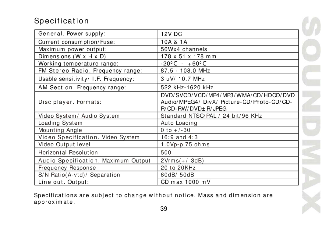 SoundMax SM-CMD2022 instruction manual Specification, FM Stereo Radio. Frequency range, Line out. Output 