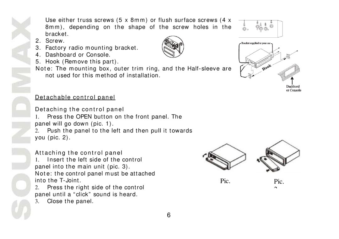 SoundMax SM-CMD2022 instruction manual Detachable control panel Detaching the control panel, Attaching the control panel 