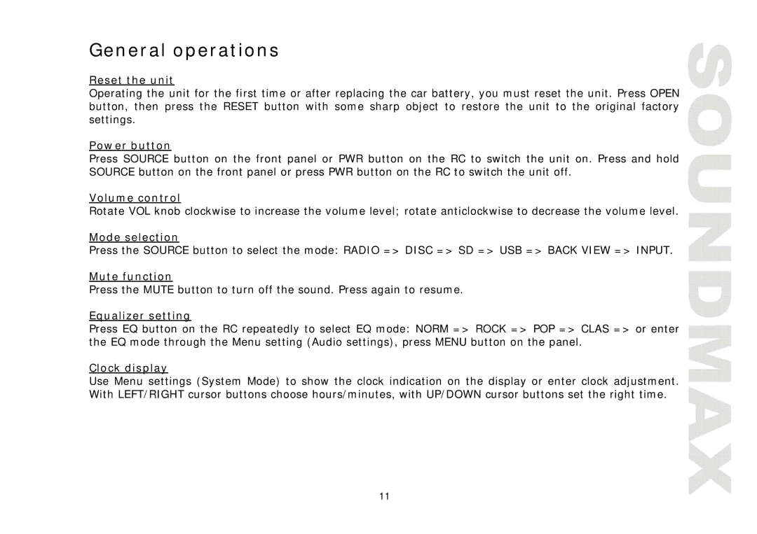 SoundMax SM-CMD3001 instruction manual General operations 