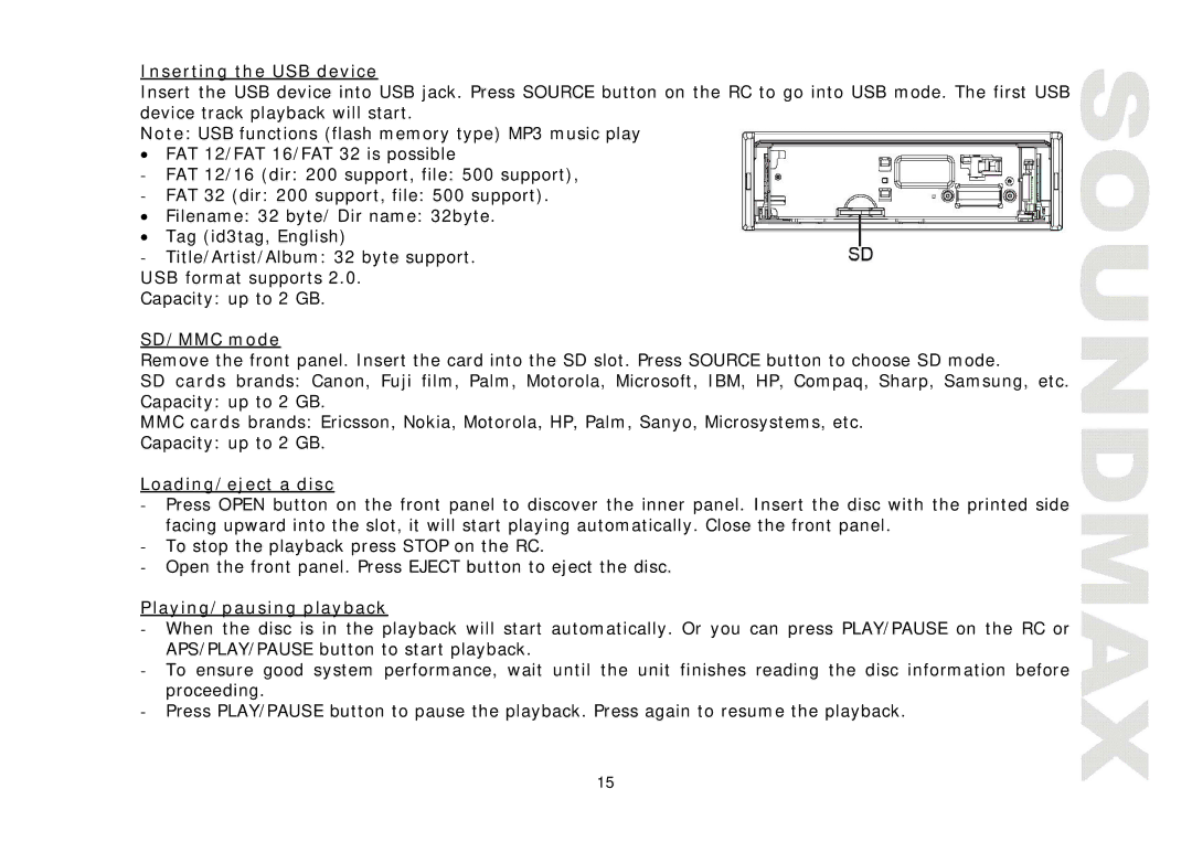 SoundMax SM-CMD3001 Inserting the USB device, SD/MMC mode, Loading/eject a disc, Playing/pausing playback 