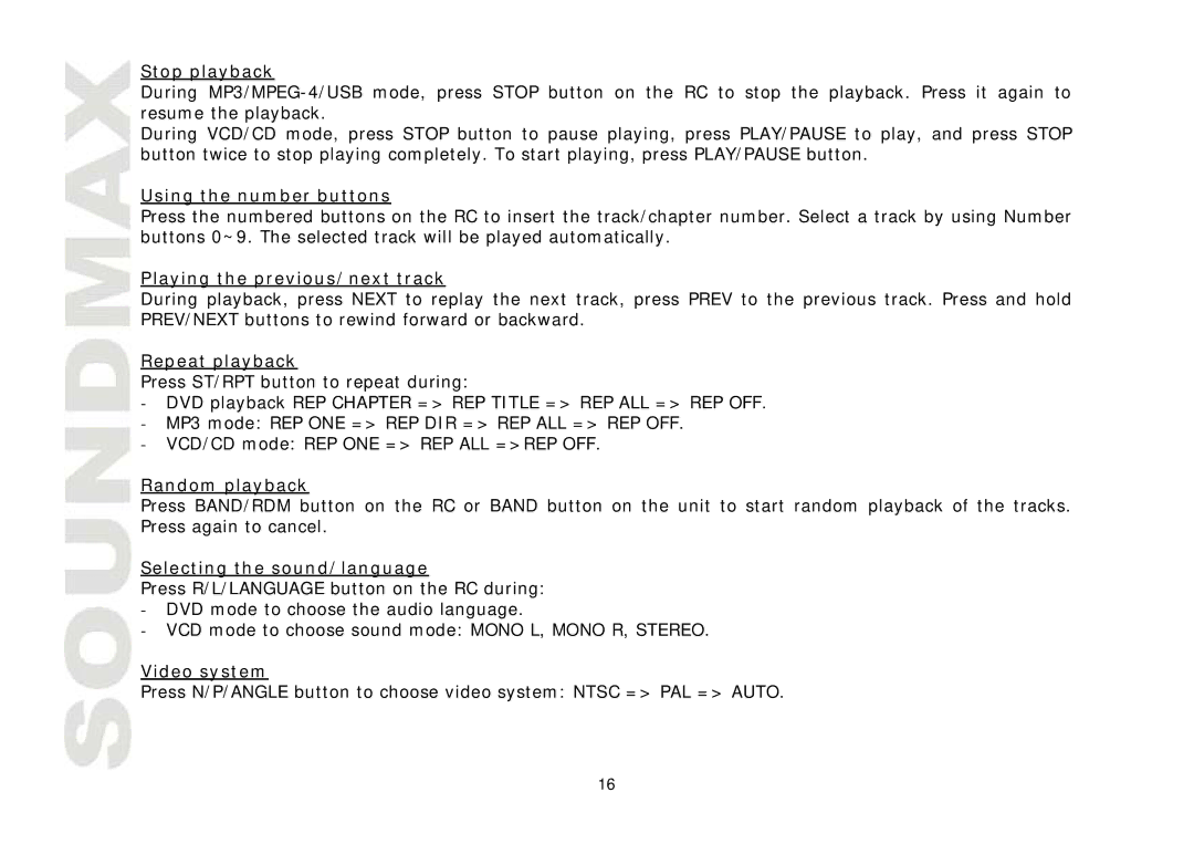 SoundMax SM-CMD3001 Stop playback, Using the number buttons, Playing the previous/next track, Repeat playback 