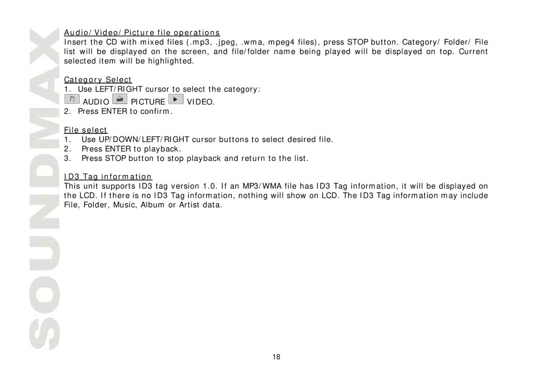 SoundMax SM-CMD3001 Audio/Video/Picture file operations, Category Select, File select, ID3 Tag information 