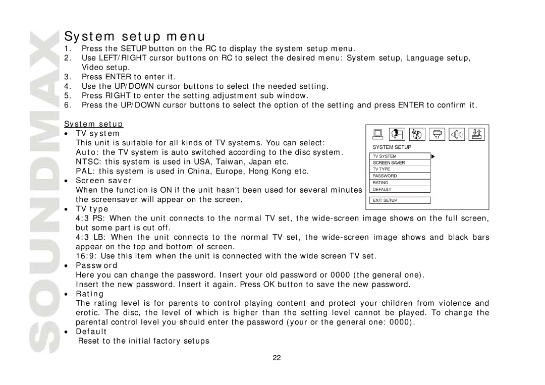 SoundMax SM-CMD3001 instruction manual System setup menu 