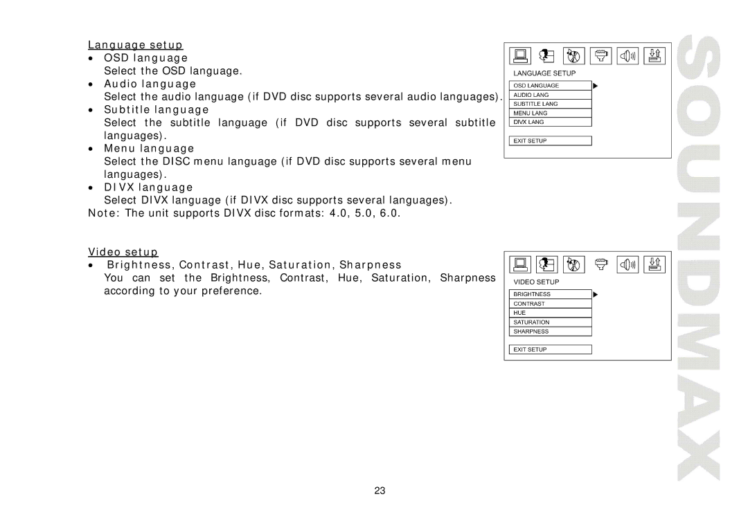 SoundMax SM-CMD3001 Language setup OSD language, Audio language, Subtitle language, Menu language, Divx language 