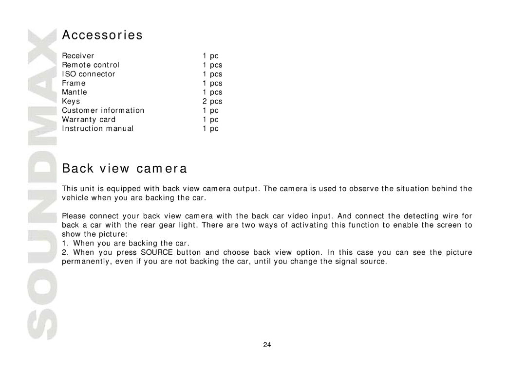 SoundMax SM-CMD3001 instruction manual Accessories, Back view camera 