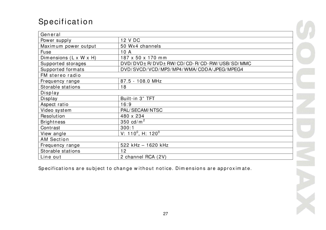 SoundMax SM-CMD3001 instruction manual Specification 