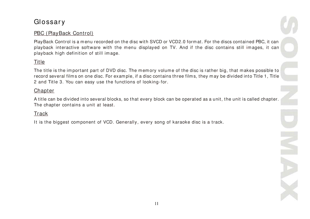 SoundMax SM-CMD3004 instruction manual Glossary, PBC PlayBack Control 