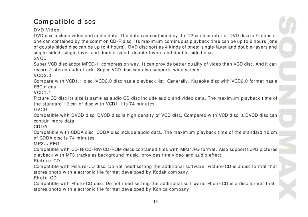 SoundMax SM-CMD3004 instruction manual Compatible discs, DVD Video 