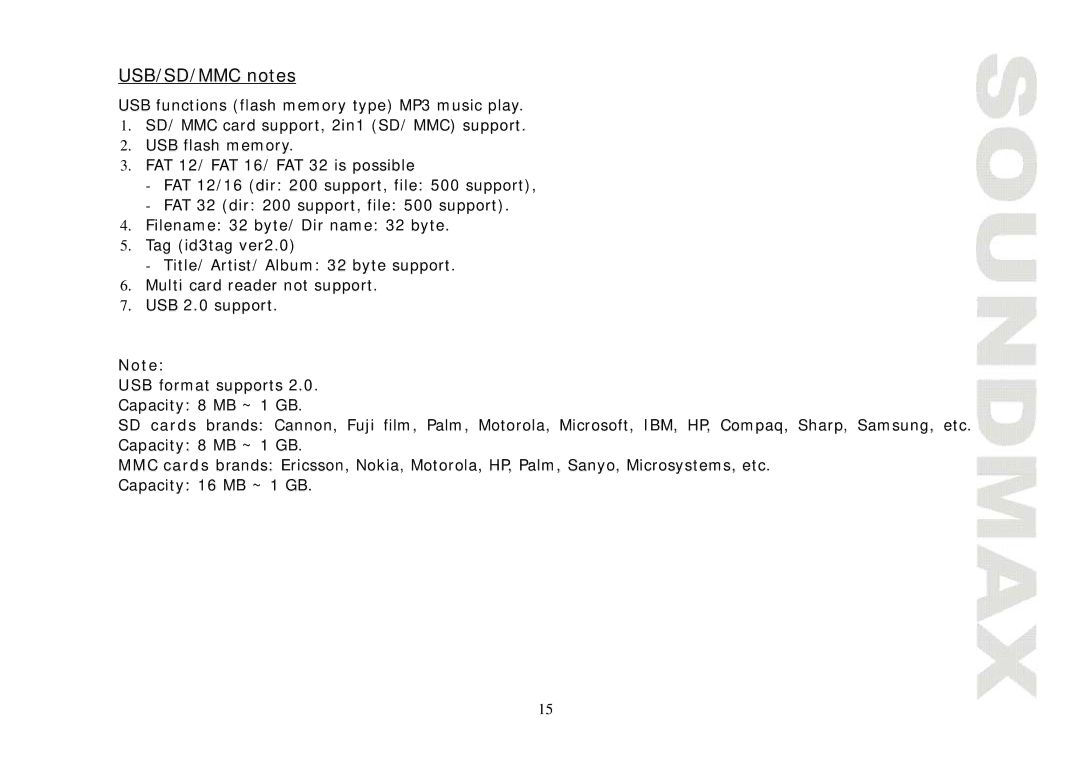 SoundMax SM-CMD3004 instruction manual USB/SD/MMC notes 