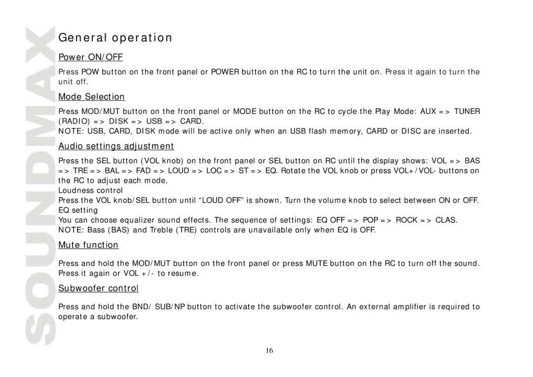 SoundMax SM-CMD3004 instruction manual General operation 