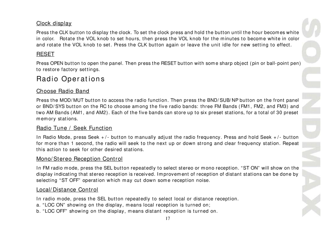 SoundMax SM-CMD3004 instruction manual Radio Operations 