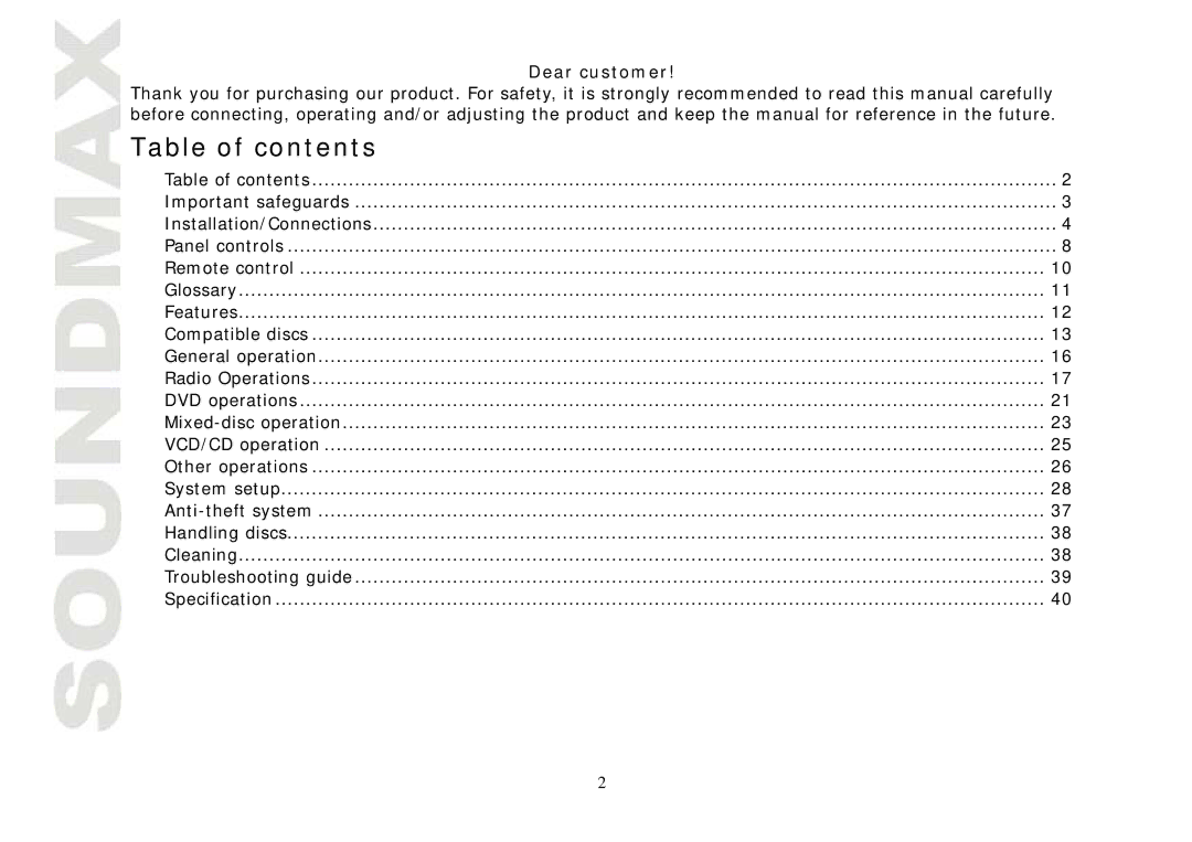 SoundMax SM-CMD3004 instruction manual Table of contents 