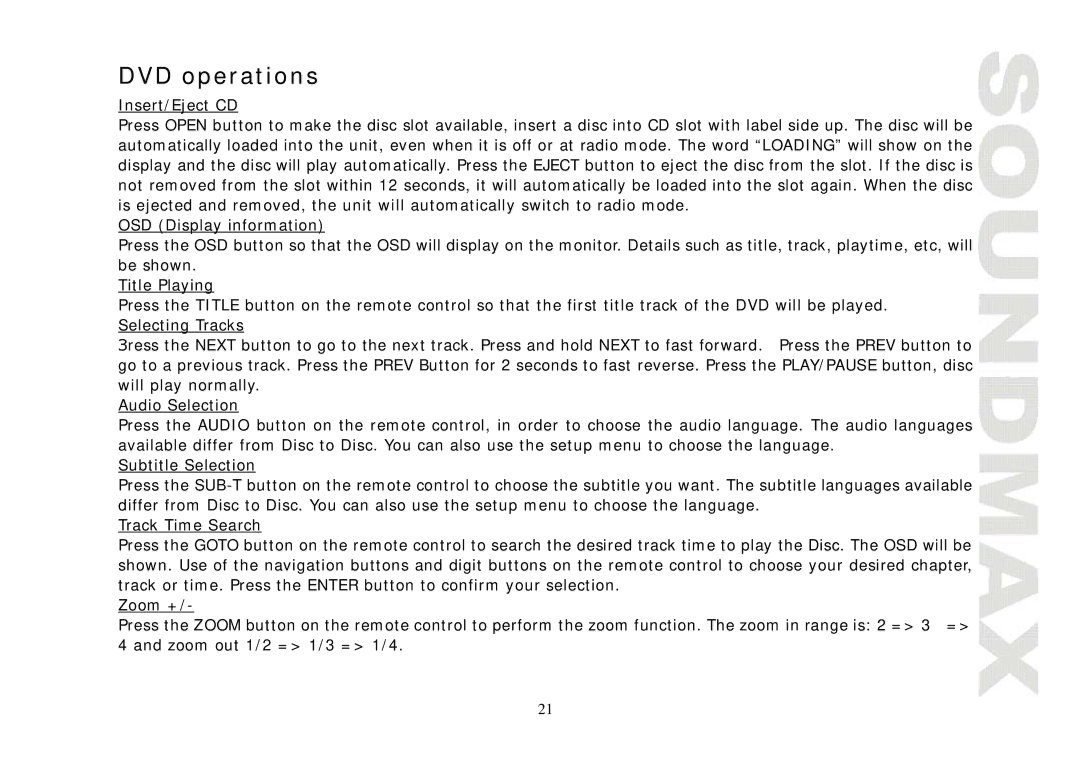 SoundMax SM-CMD3004 instruction manual DVD operations 