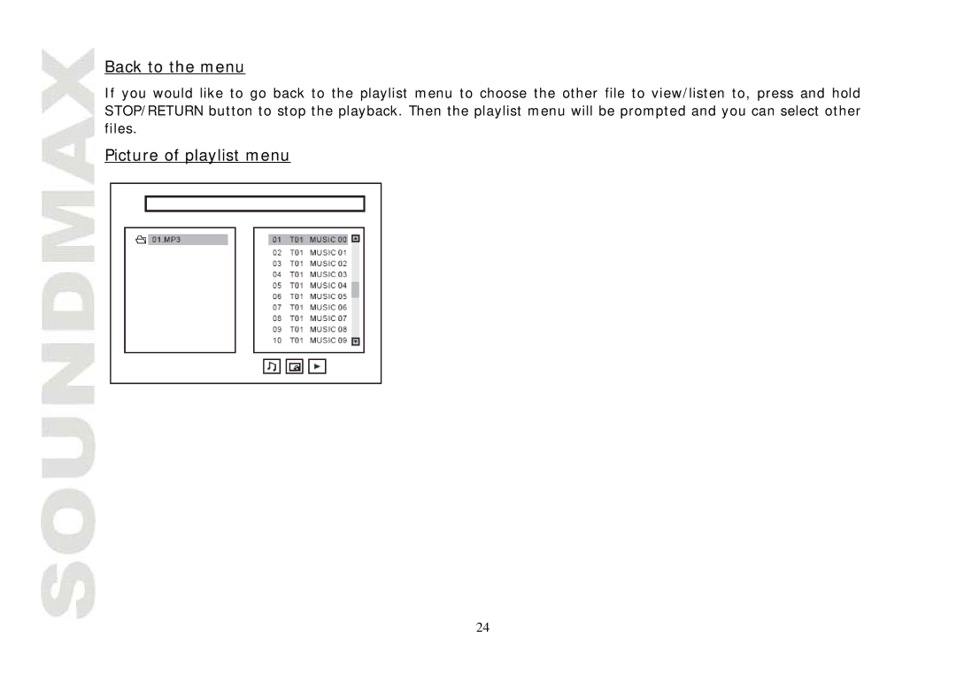 SoundMax SM-CMD3004 instruction manual Back to the menu, Picture of playlist menu 