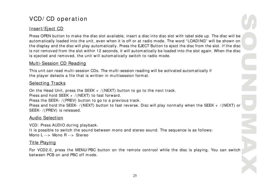 SoundMax SM-CMD3004 VCD/CD operation, Insert/Eject CD, Multi-Session CD Reading, Audio Selection, Title Playing 