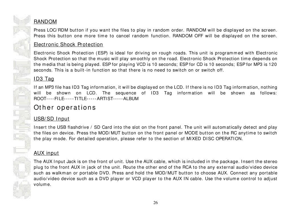 SoundMax SM-CMD3004 instruction manual Other operations, Electronic Shock Protection, ID3 Tag, USB/SD Input, AUX input 