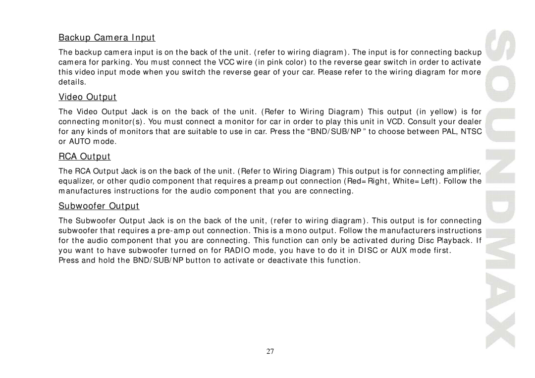 SoundMax SM-CMD3004 instruction manual Backup Camera Input, Video Output, RCA Output, Subwoofer Output 