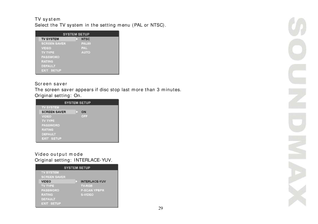 SoundMax SM-CMD3004 instruction manual TV system, Screen saver, Video output mode 
