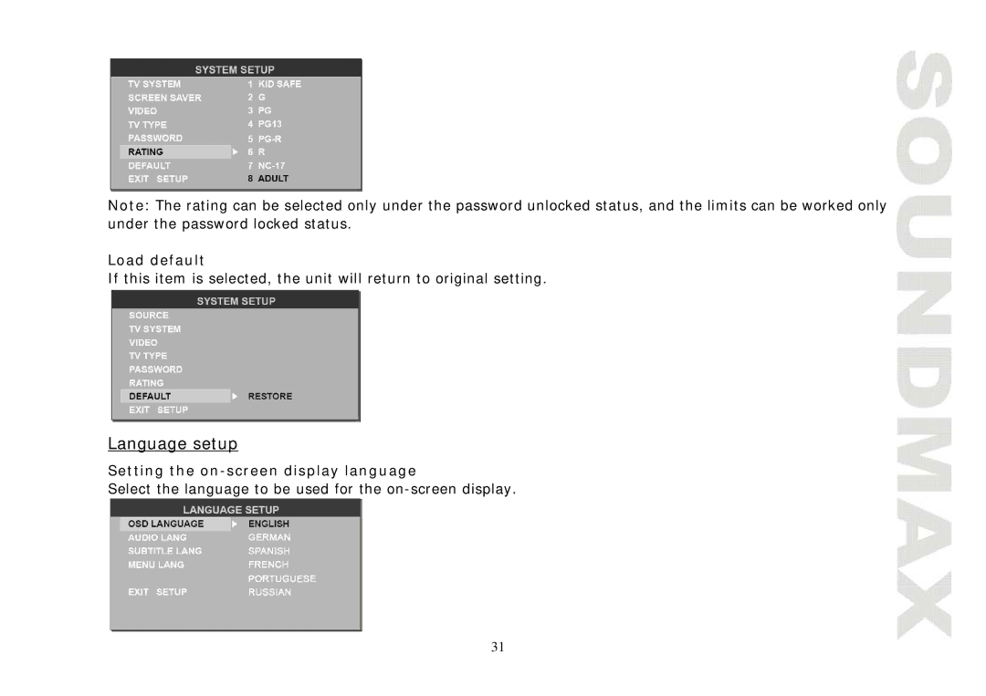 SoundMax SM-CMD3004 instruction manual Language setup, Load default, Setting the on-screen display language 