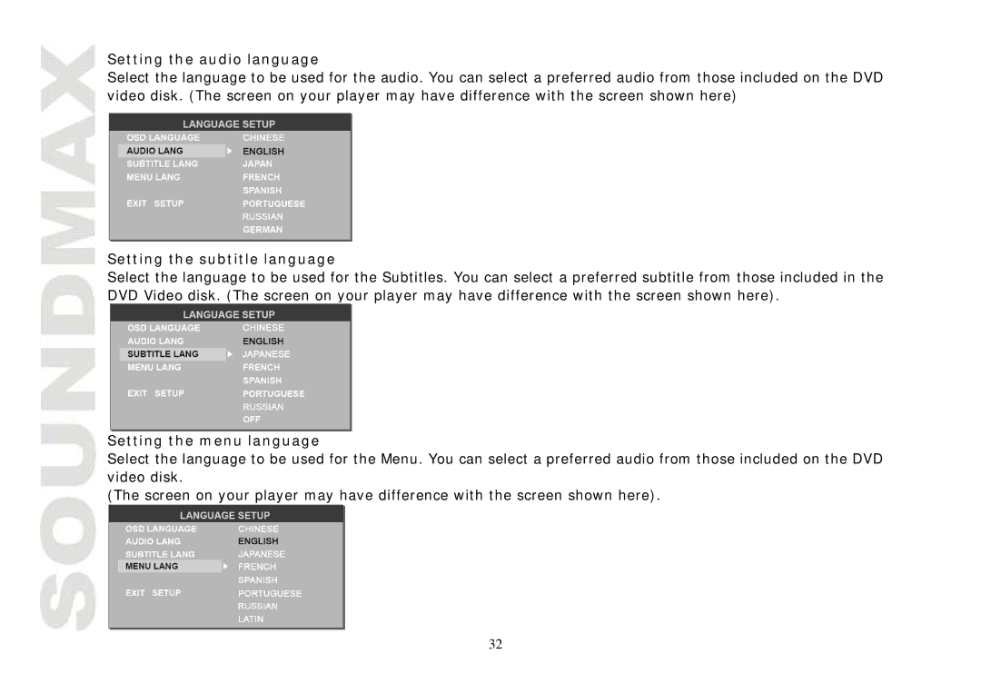 SoundMax SM-CMD3004 instruction manual Setting the audio language, Setting the subtitle language, Setting the menu language 