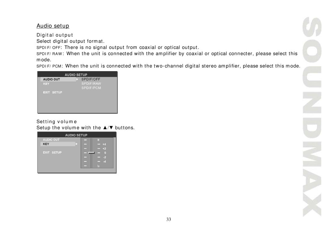 SoundMax SM-CMD3004 instruction manual Audio setup, Digital output, Setting volume 