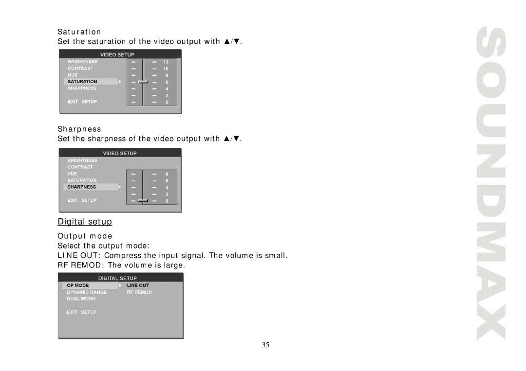 SoundMax SM-CMD3004 instruction manual Digital setup, Saturation, Sharpness, Output mode 