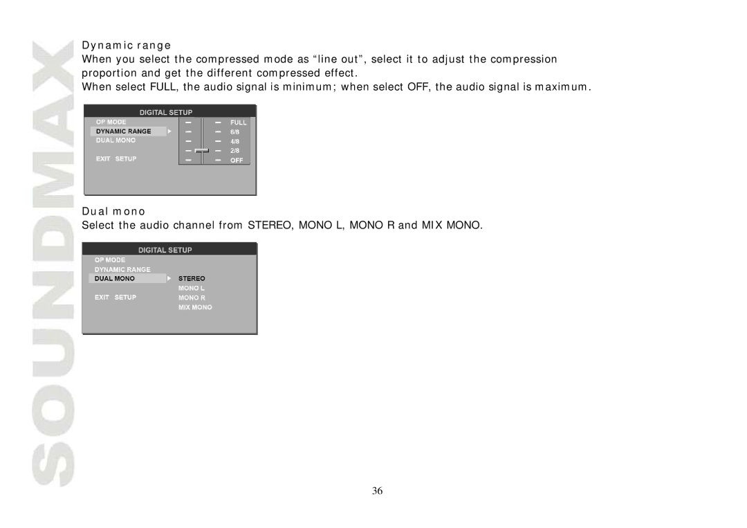 SoundMax SM-CMD3004 instruction manual Dynamic range, Dual mono 