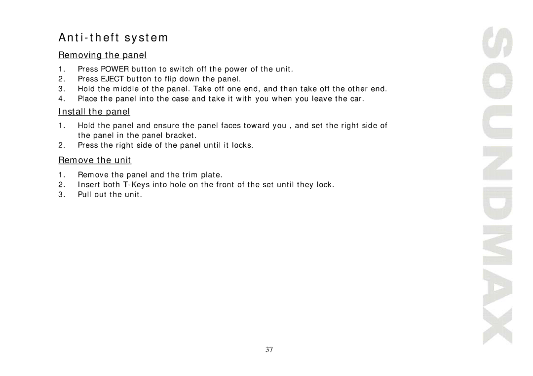 SoundMax SM-CMD3004 instruction manual Anti-theft system, Removing the panel, Install the panel, Remove the unit 