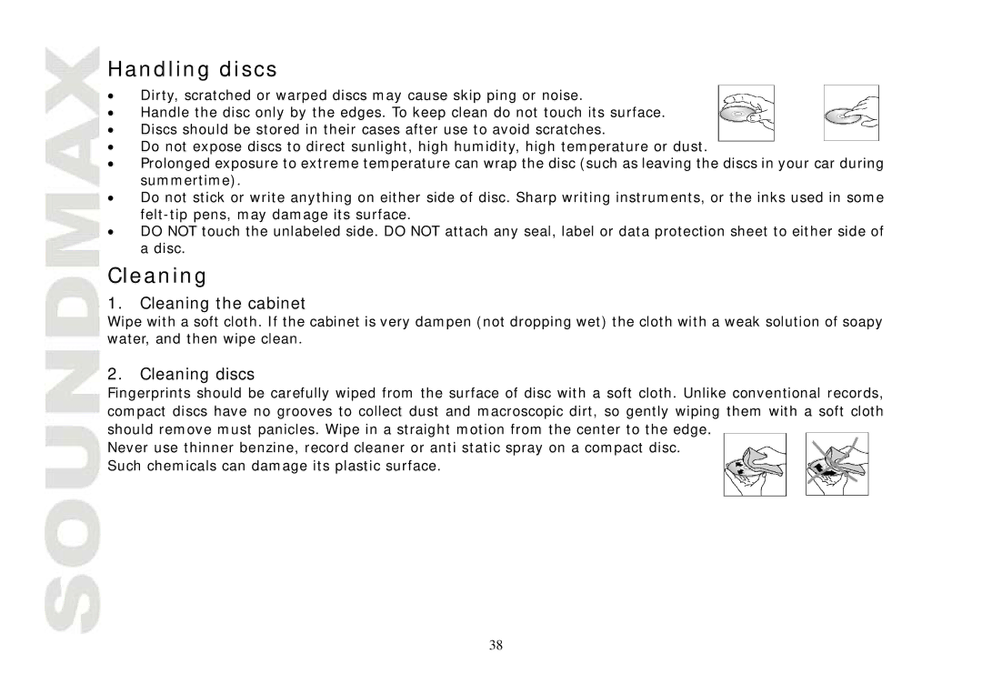 SoundMax SM-CMD3004 instruction manual Handling discs, Cleaning the cabinet, Cleaning discs 