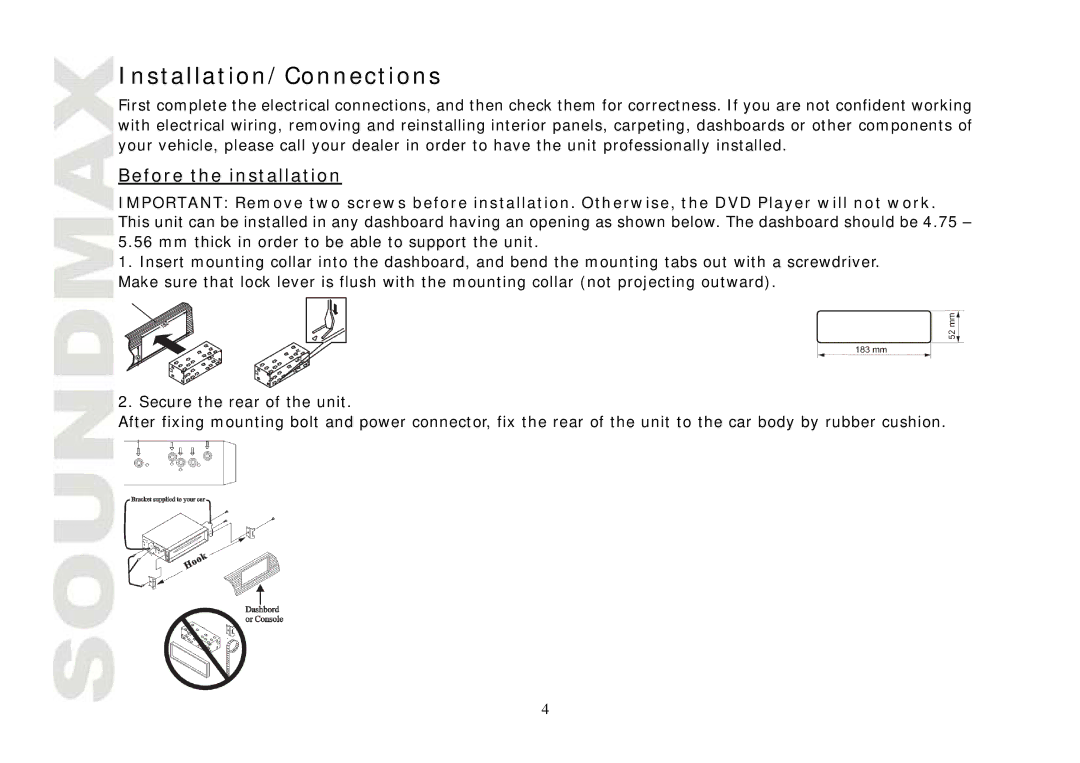 SoundMax SM-CMD3004 instruction manual Installation/Connections, Before the installation 