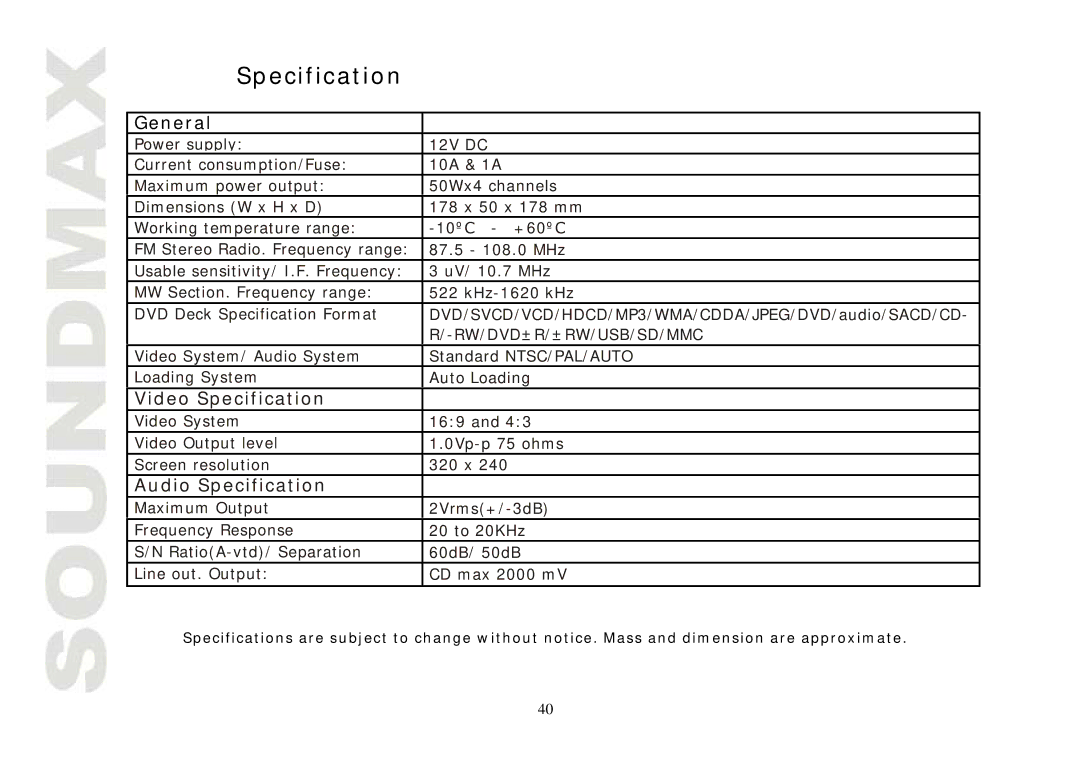 SoundMax SM-CMD3004 instruction manual Specification, General 