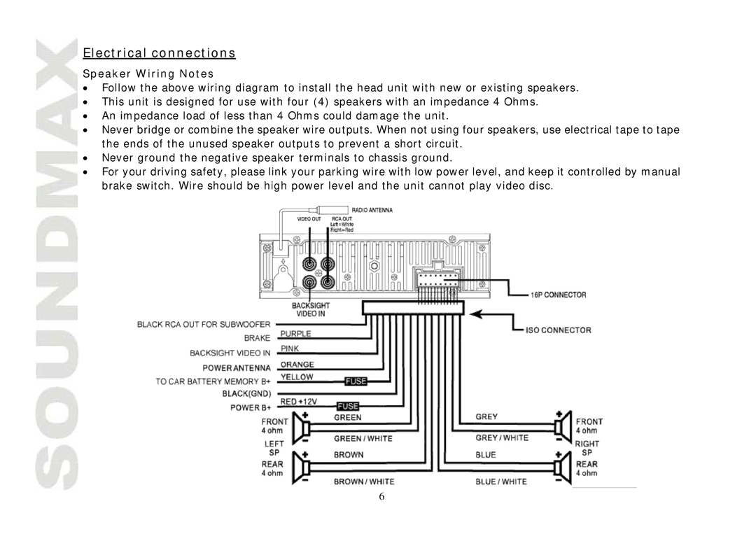 SoundMax SM-CMD3004 instruction manual Electrical connections, Speaker Wiring Notes 